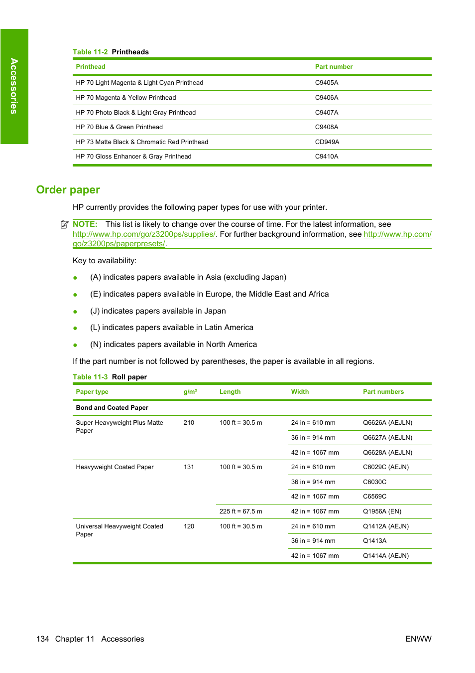 Order paper, Ac ce ss o rie s | HP Designjet Z3200 PostScript Photo Printer series User Manual | Page 144 / 205