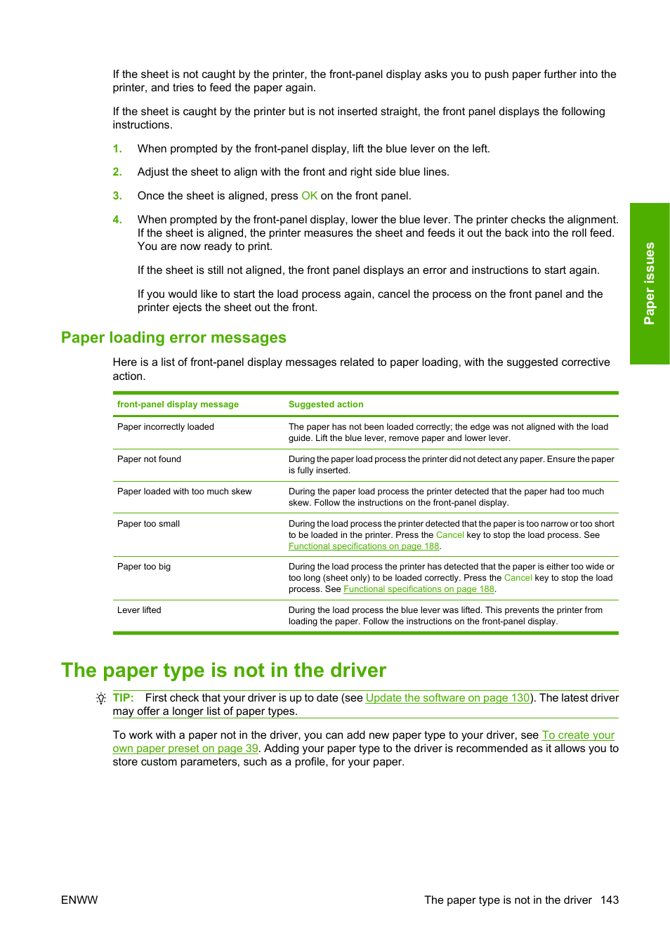 Paper loading error messages, The paper type is not in the driver, Pa per is sues | HP Designjet Z3200 PostScript Photo Printer series User Manual | Page 153 / 205