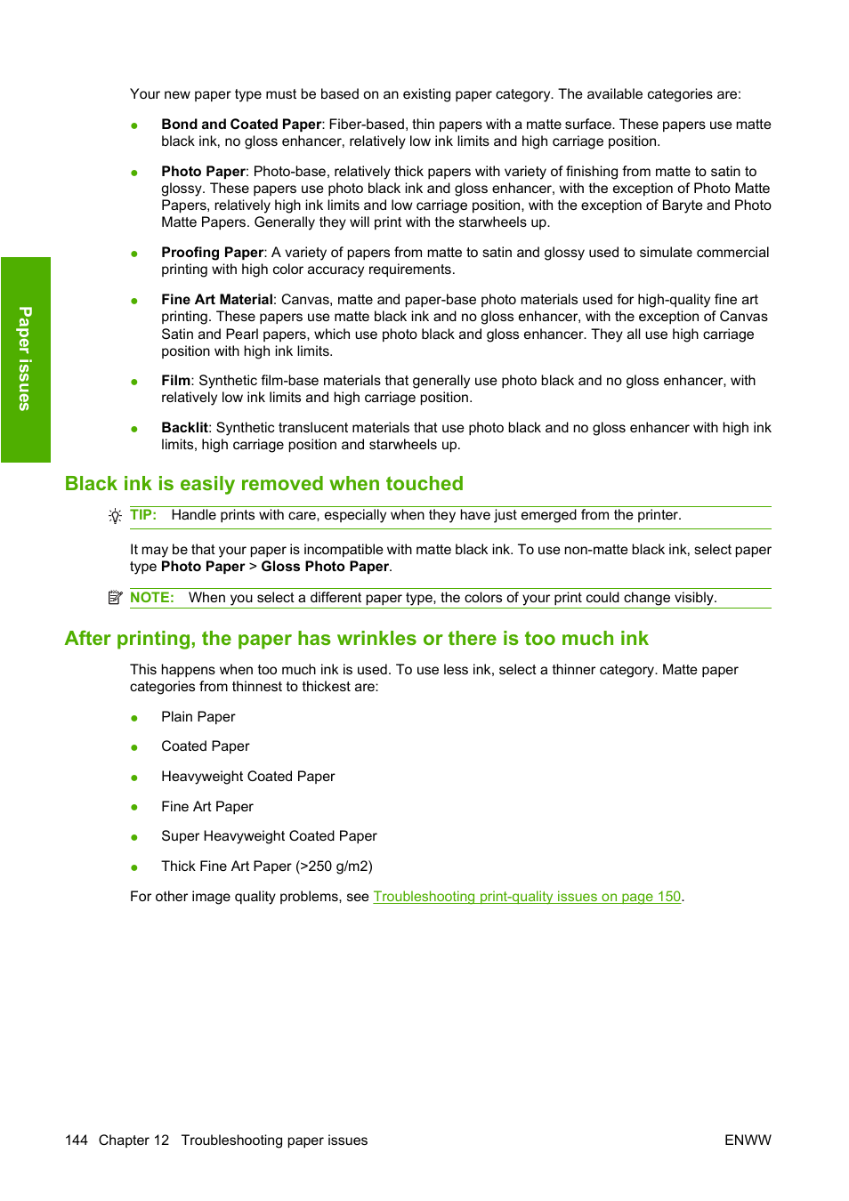 Black ink is easily removed when touched | HP Designjet Z3200 PostScript Photo Printer series User Manual | Page 154 / 205
