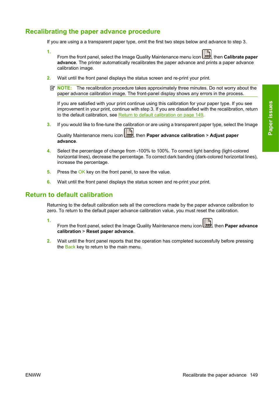 Recalibrating the paper advance procedure, Return to default calibration | HP Designjet Z3200 PostScript Photo Printer series User Manual | Page 159 / 205