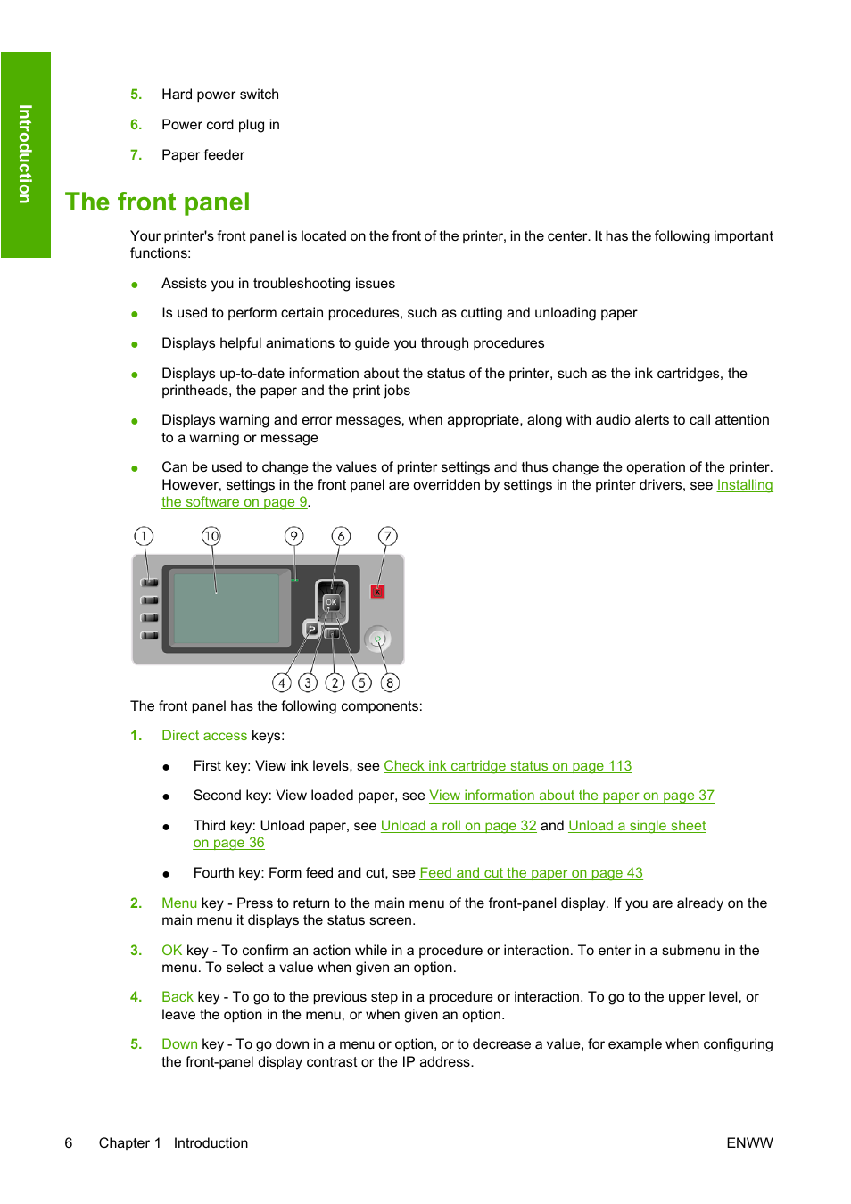 The front panel | HP Designjet Z3200 PostScript Photo Printer series User Manual | Page 16 / 205