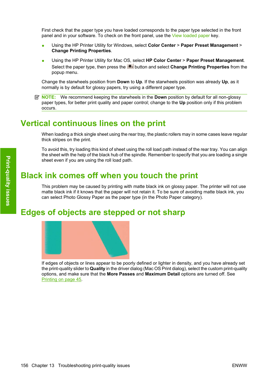 Vertical continuous lines on the print, Black ink comes off when you touch the print, Edges of objects are stepped or not sharp | HP Designjet Z3200 PostScript Photo Printer series User Manual | Page 166 / 205