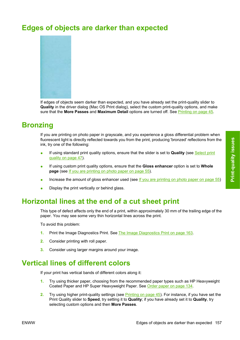 Edges of objects are darker than expected, Bronzing, Horizontal lines at the end of a cut sheet print | Vertical lines of different colors | HP Designjet Z3200 PostScript Photo Printer series User Manual | Page 167 / 205