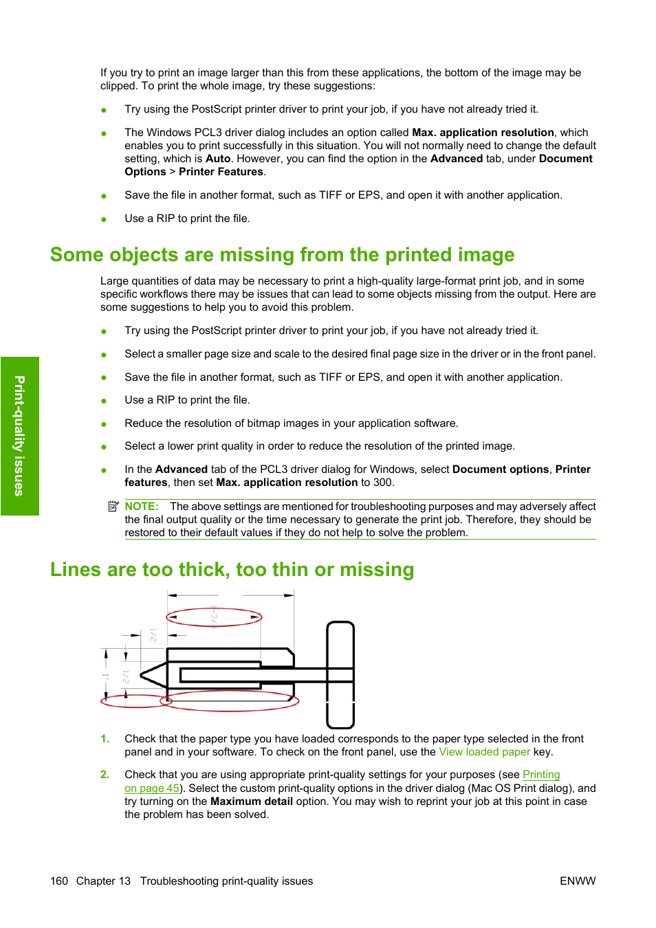 Some objects are missing from the printed image, Lines are too thick, too thin or missing | HP Designjet Z3200 PostScript Photo Printer series User Manual | Page 170 / 205