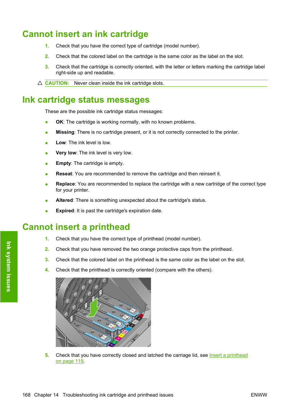 Cannot insert an ink cartridge, Ink cartridge status messages, Cannot insert a printhead | HP Designjet Z3200 PostScript Photo Printer series User Manual | Page 178 / 205