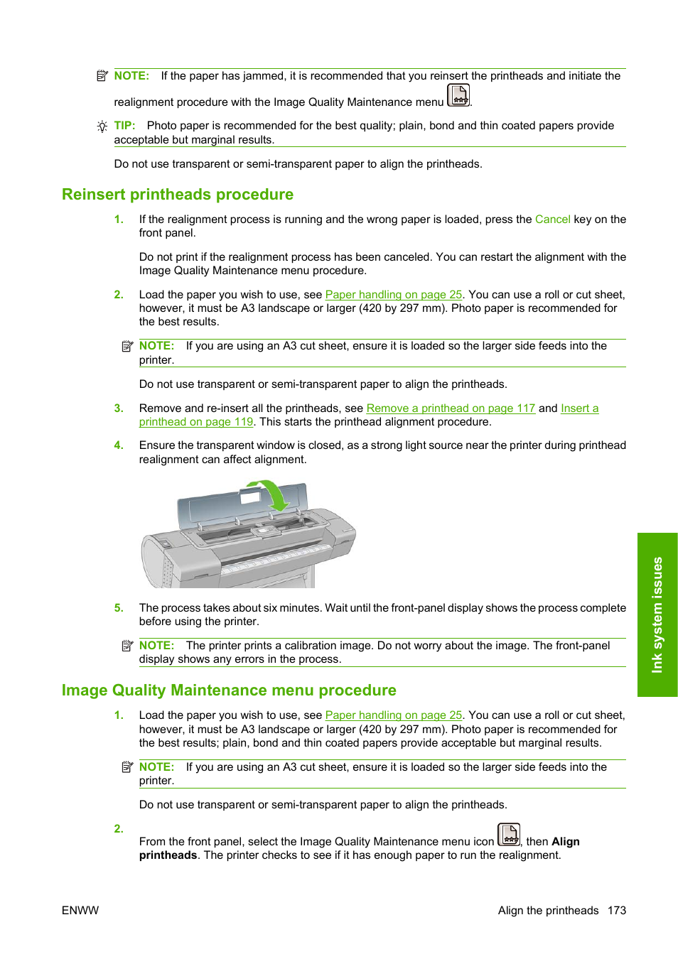 Reinsert printheads procedure, Image quality maintenance menu procedure | HP Designjet Z3200 PostScript Photo Printer series User Manual | Page 183 / 205