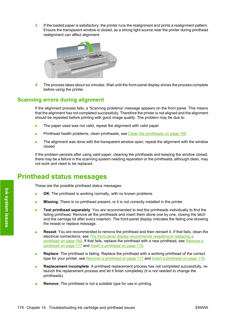Scanning errors during alignment, Printhead status messages | HP Designjet Z3200 PostScript Photo Printer series User Manual | Page 184 / 205