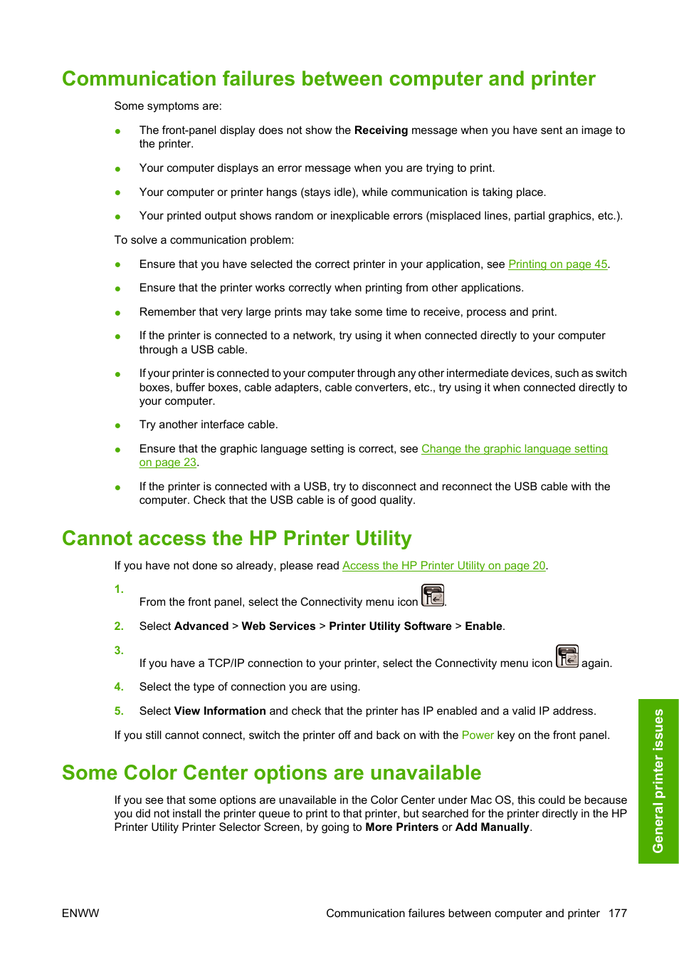 Cannot access the hp printer utility, Some color center options are unavailable | HP Designjet Z3200 PostScript Photo Printer series User Manual | Page 187 / 205