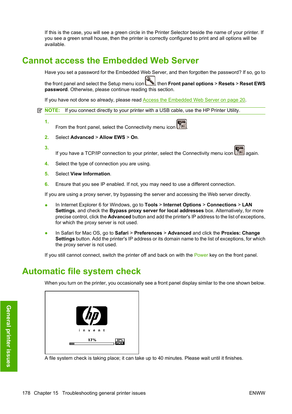 Cannot access the embedded web server, Automatic file system check | HP Designjet Z3200 PostScript Photo Printer series User Manual | Page 188 / 205
