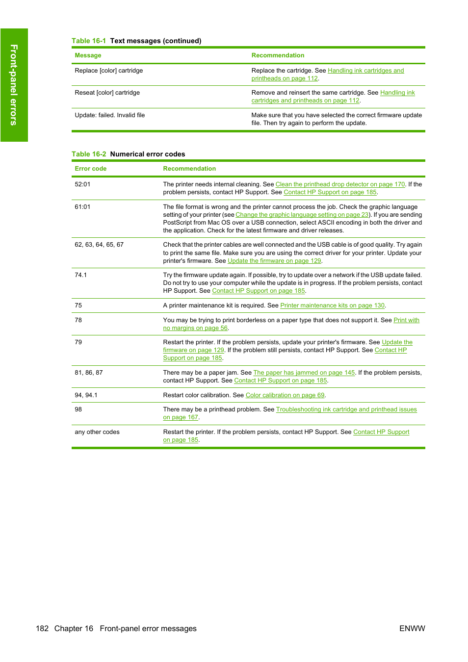 Fron t-panel e rrors | HP Designjet Z3200 PostScript Photo Printer series User Manual | Page 192 / 205