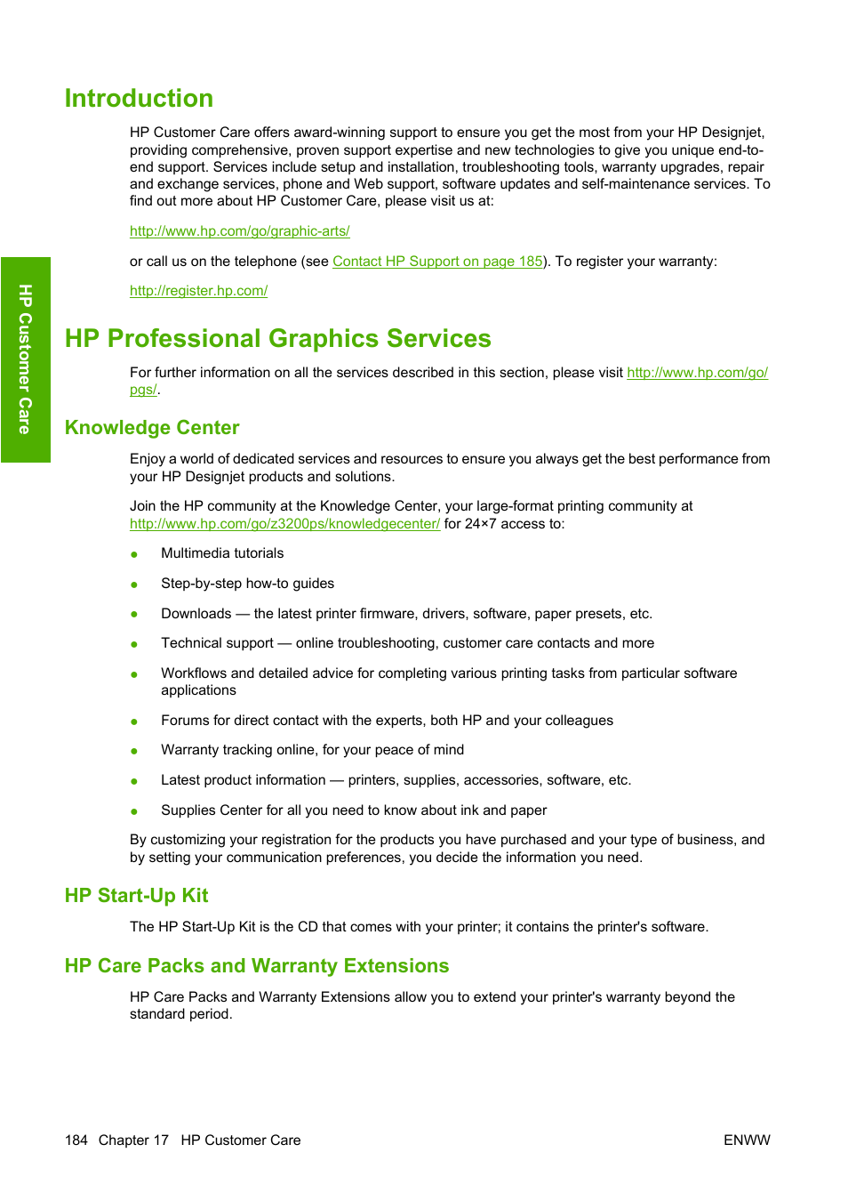 Introduction, Hp professional graphics services, Knowledge center | Hp start-up kit, Hp care packs and warranty extensions, Introduction hp professional graphics services | HP Designjet Z3200 PostScript Photo Printer series User Manual | Page 194 / 205