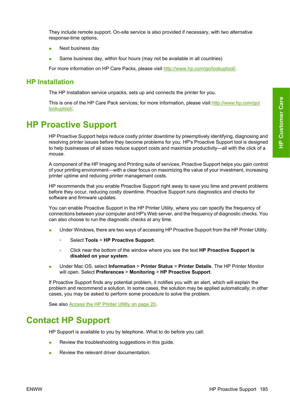 Hp installation, Hp proactive support, Contact hp support | Hp proactive support contact hp support, Contact hp | HP Designjet Z3200 PostScript Photo Printer series User Manual | Page 195 / 205