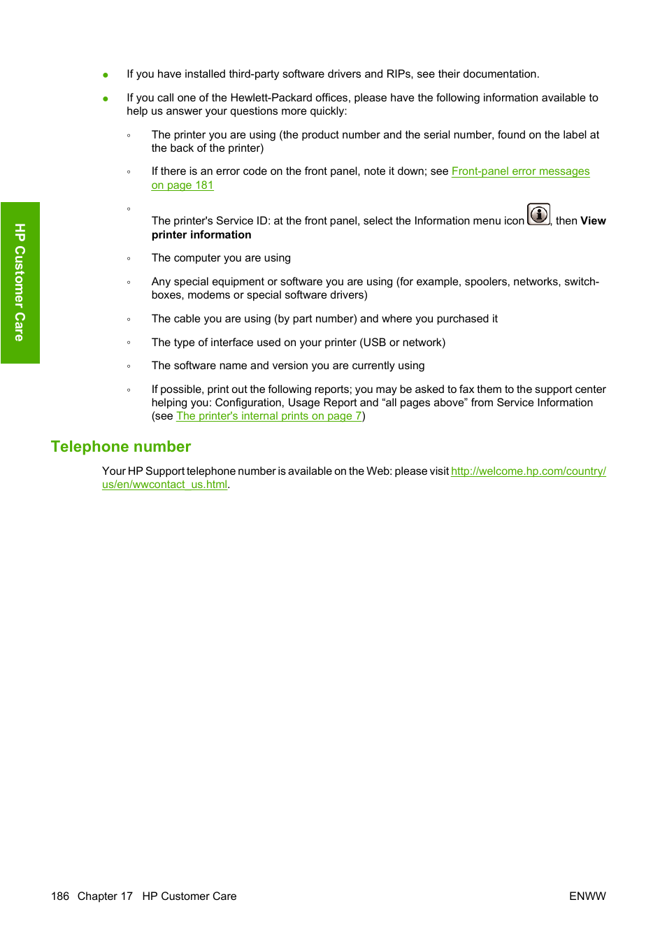 Telephone number | HP Designjet Z3200 PostScript Photo Printer series User Manual | Page 196 / 205
