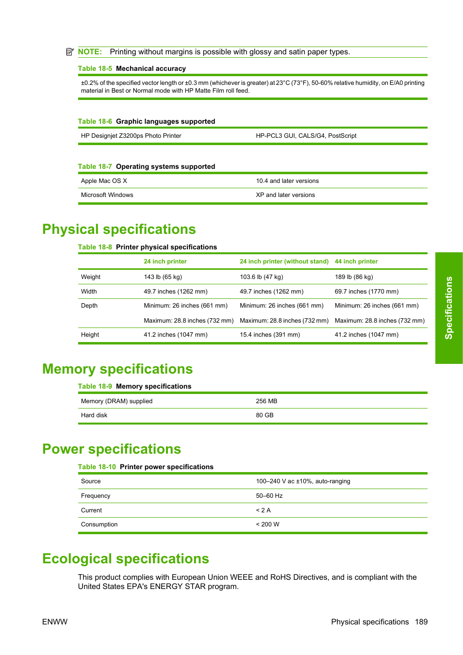 Physical specifications, Memory specifications, Power specifications | Ecological specifications, Sp ec ifi c at ions | HP Designjet Z3200 PostScript Photo Printer series User Manual | Page 199 / 205