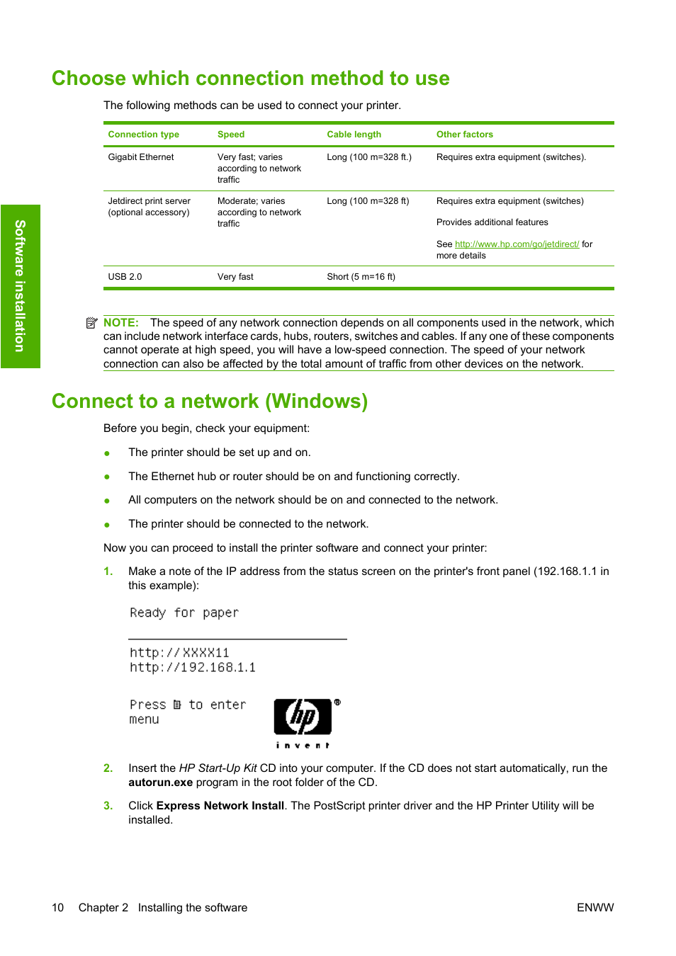Choose which connection method to use, Connect to a network (windows), Soft wa re inst al lat ion | HP Designjet Z3200 PostScript Photo Printer series User Manual | Page 20 / 205