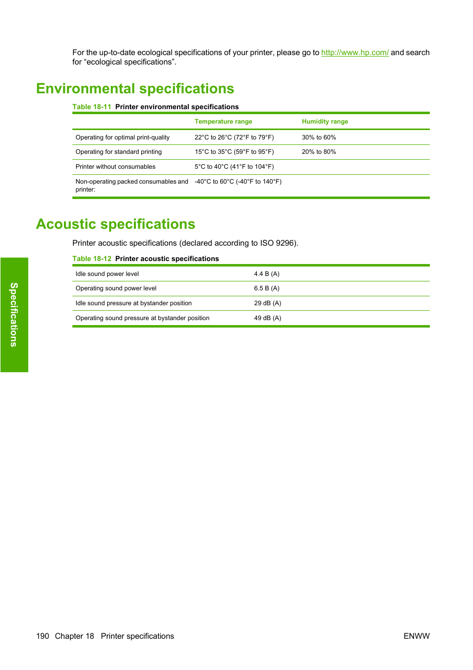 Environmental specifications, Acoustic specifications, Spec if ica tions | HP Designjet Z3200 PostScript Photo Printer series User Manual | Page 200 / 205
