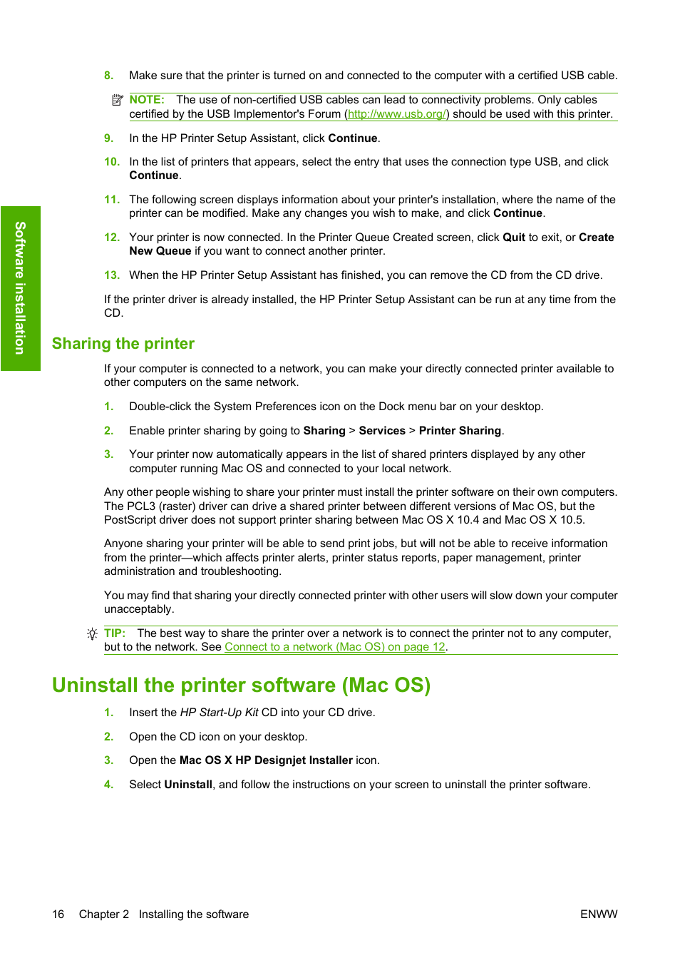 Sharing the printer, Uninstall the printer software (mac os) | HP Designjet Z3200 PostScript Photo Printer series User Manual | Page 26 / 205