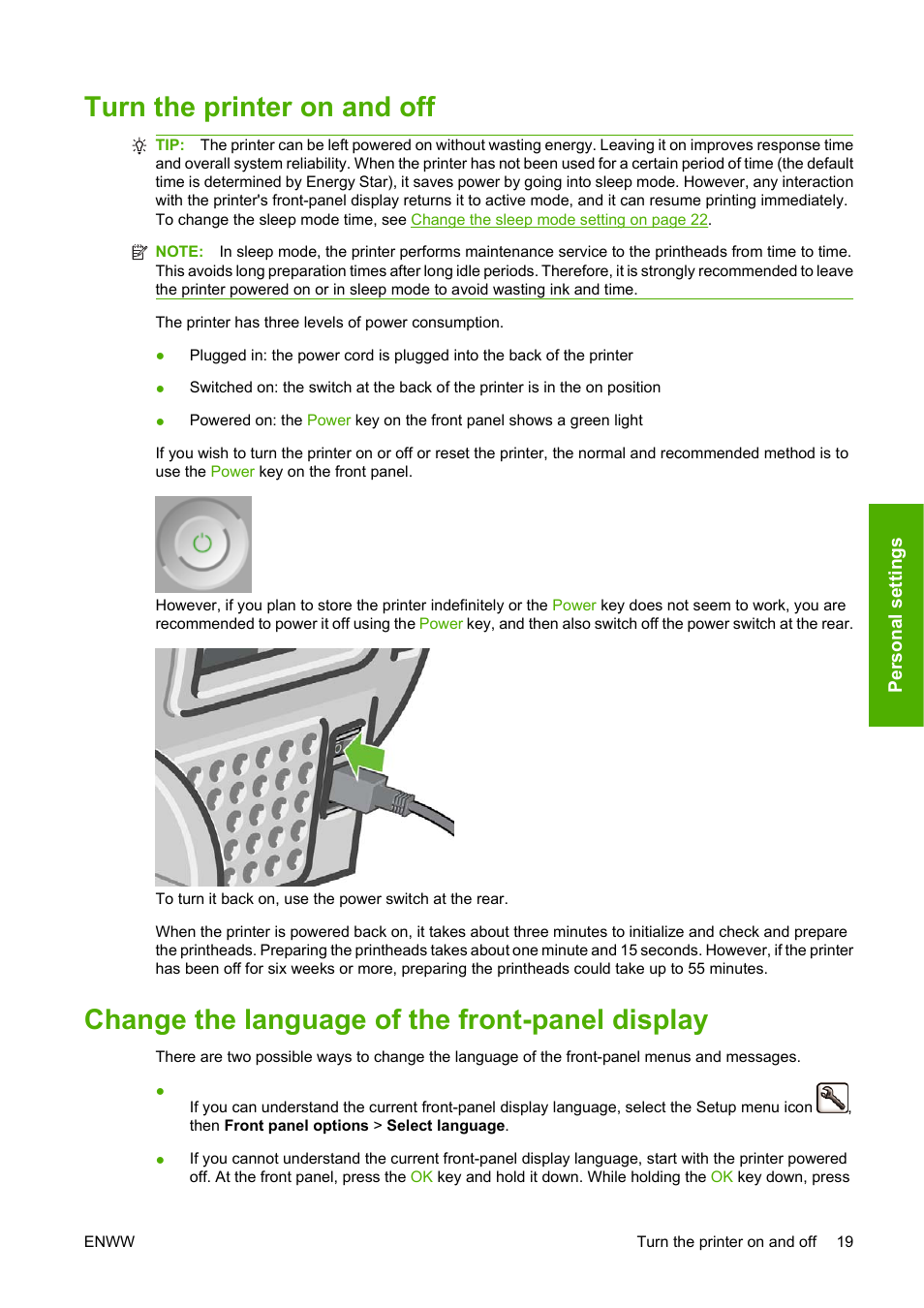 Turn the printer on and off, Change the language of the front-panel display | HP Designjet Z3200 PostScript Photo Printer series User Manual | Page 29 / 205