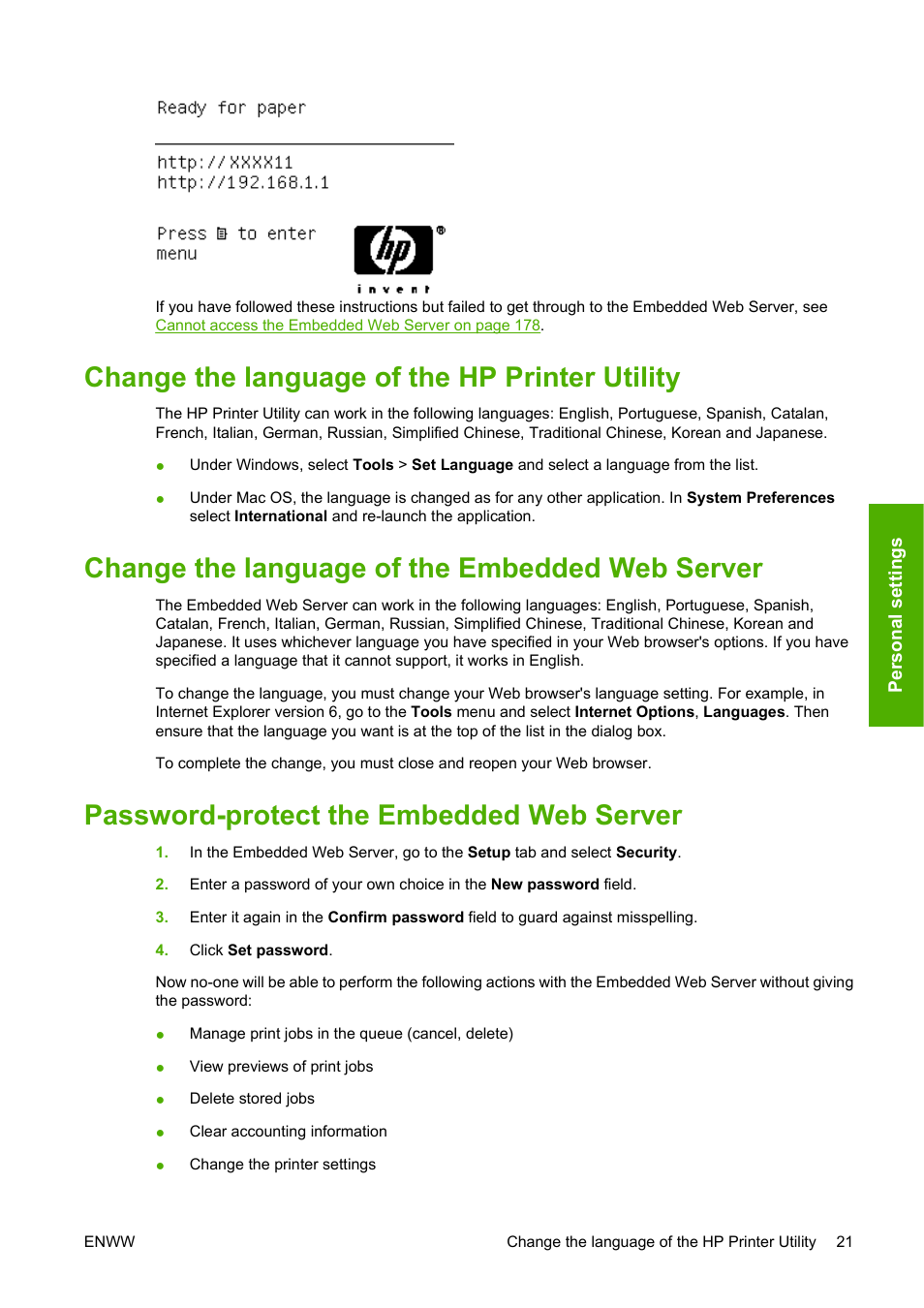 Change the language of the hp printer utility, Change the language of the embedded web server, Password-protect the embedded web server | HP Designjet Z3200 PostScript Photo Printer series User Manual | Page 31 / 205