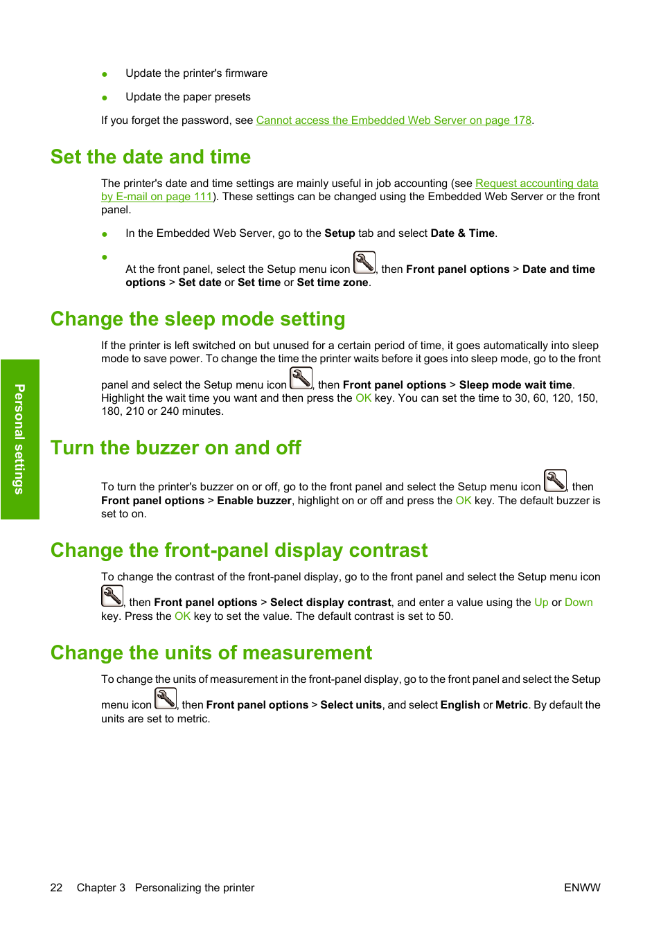Set the date and time, Change the sleep mode setting, Turn the buzzer on and off | Change the front-panel display contrast, Change the units of measurement | HP Designjet Z3200 PostScript Photo Printer series User Manual | Page 32 / 205