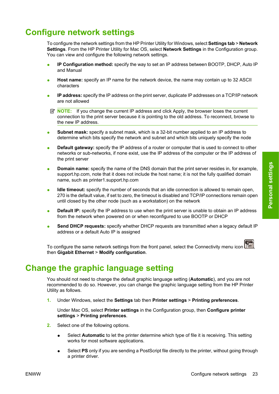 Configure network settings, Change the graphic language setting | HP Designjet Z3200 PostScript Photo Printer series User Manual | Page 33 / 205