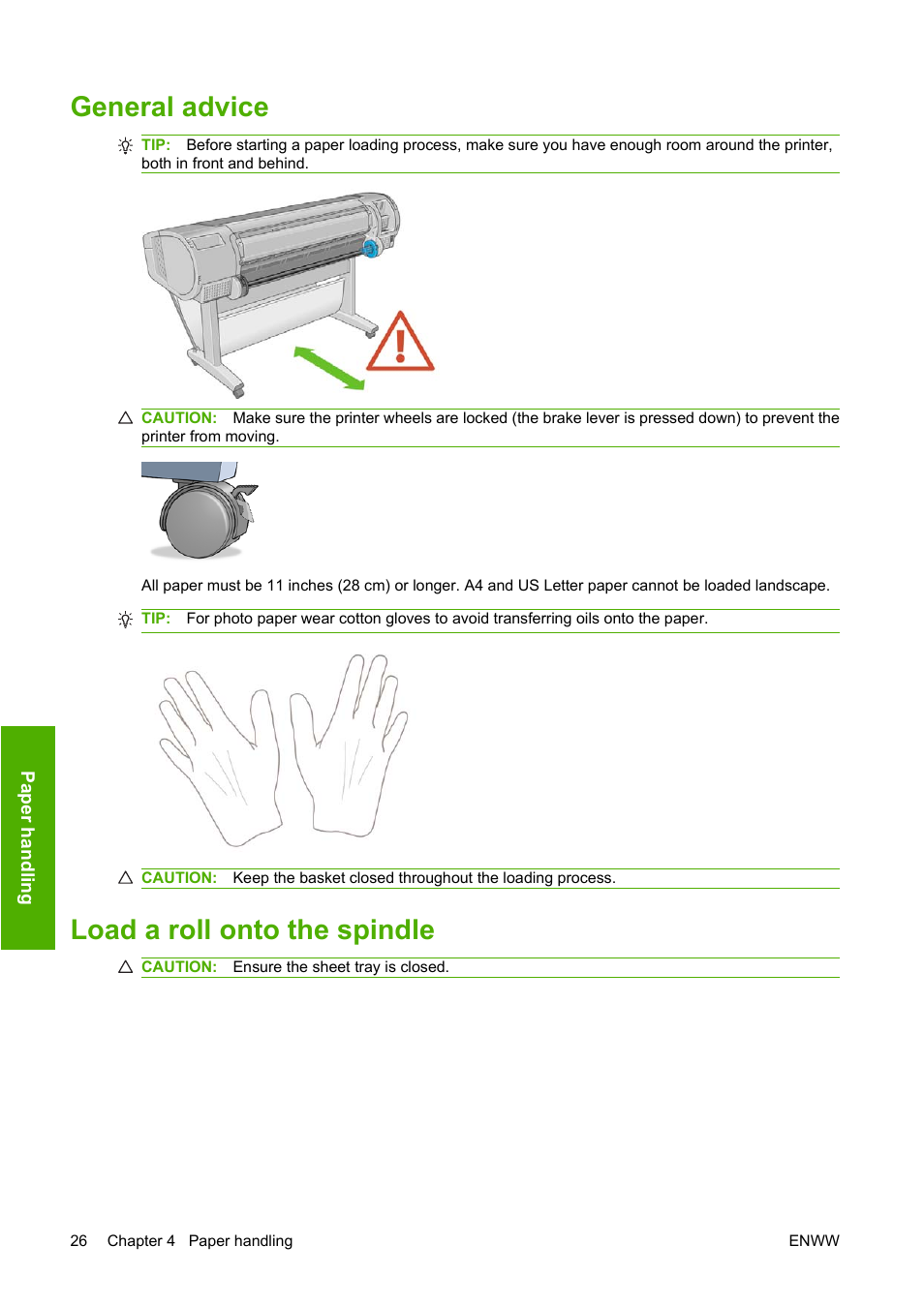 General advice, Load a roll onto the spindle, General advice load a roll onto the spindle | HP Designjet Z3200 PostScript Photo Printer series User Manual | Page 36 / 205