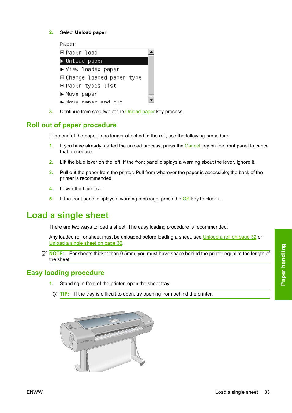 Roll out of paper procedure, Load a single sheet, Easy loading procedure | HP Designjet Z3200 PostScript Photo Printer series User Manual | Page 43 / 205