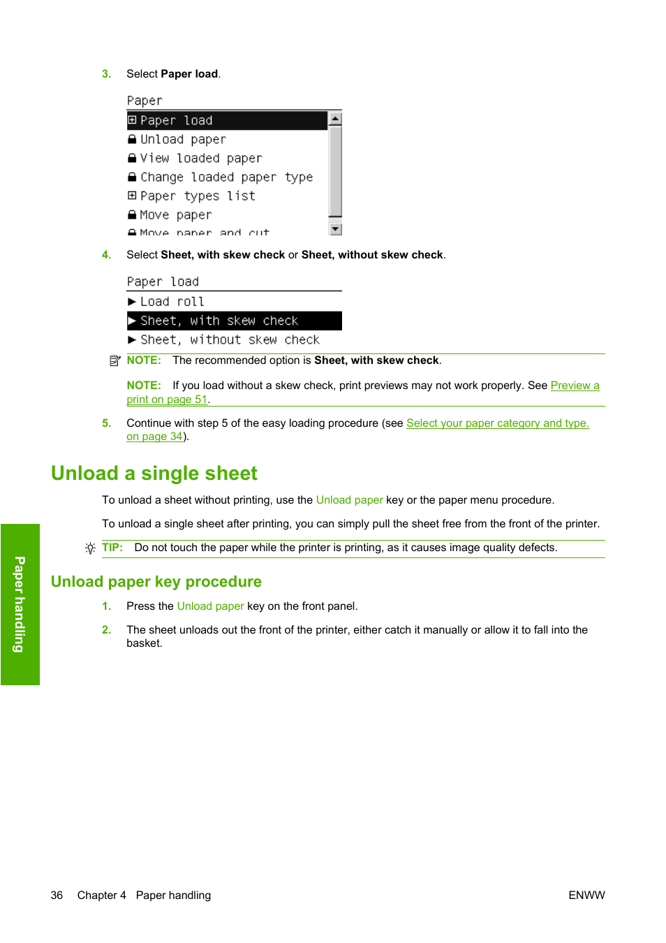 Unload a single sheet, Unload paper key procedure | HP Designjet Z3200 PostScript Photo Printer series User Manual | Page 46 / 205