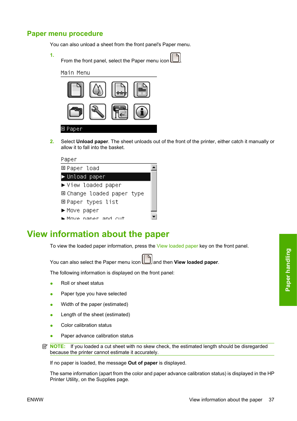 Paper menu procedure, View information about the paper | HP Designjet Z3200 PostScript Photo Printer series User Manual | Page 47 / 205