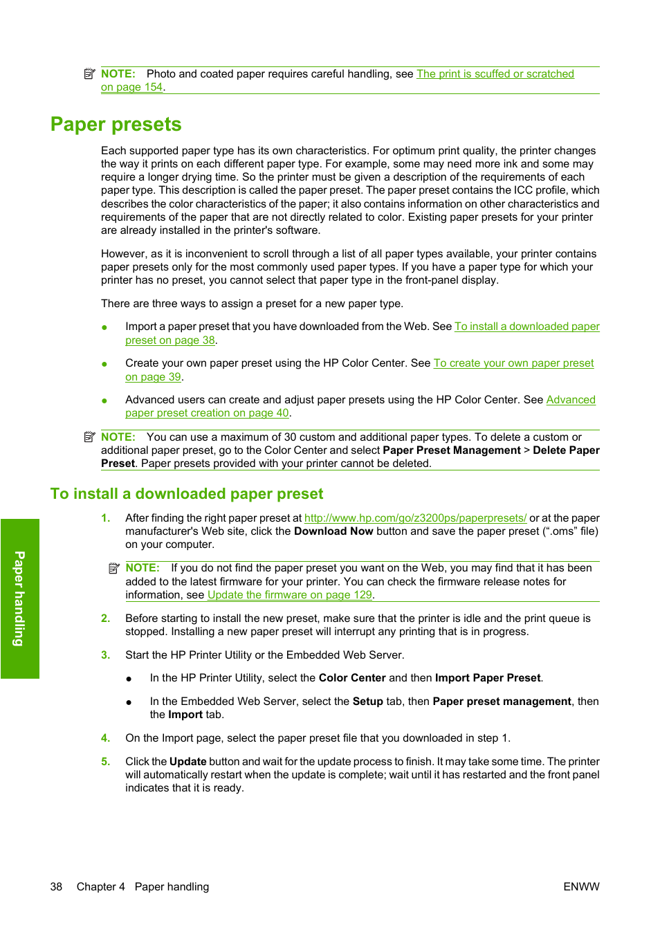 Paper presets, To install a downloaded paper preset | HP Designjet Z3200 PostScript Photo Printer series User Manual | Page 48 / 205