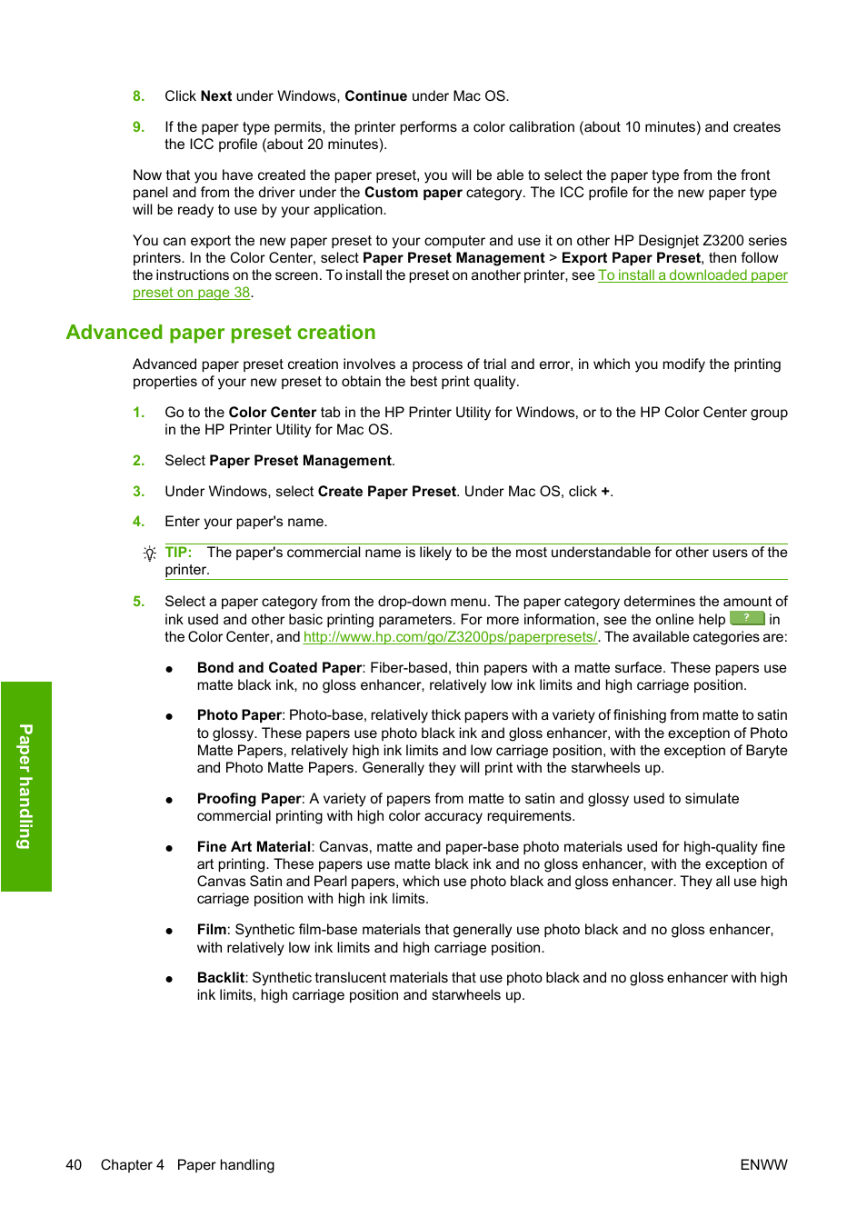 Advanced paper preset creation, Advanced | HP Designjet Z3200 PostScript Photo Printer series User Manual | Page 50 / 205