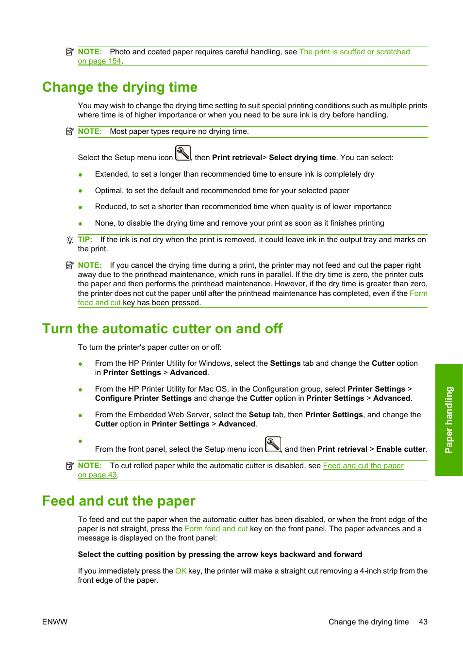 Change the drying time, Turn the automatic cutter on and off, Feed and cut the paper | HP Designjet Z3200 PostScript Photo Printer series User Manual | Page 53 / 205