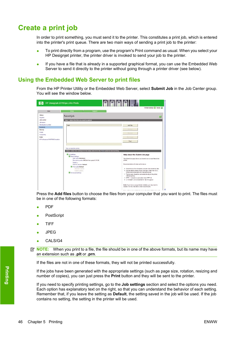 Create a print job, Using the embedded web server to print files | HP Designjet Z3200 PostScript Photo Printer series User Manual | Page 56 / 205