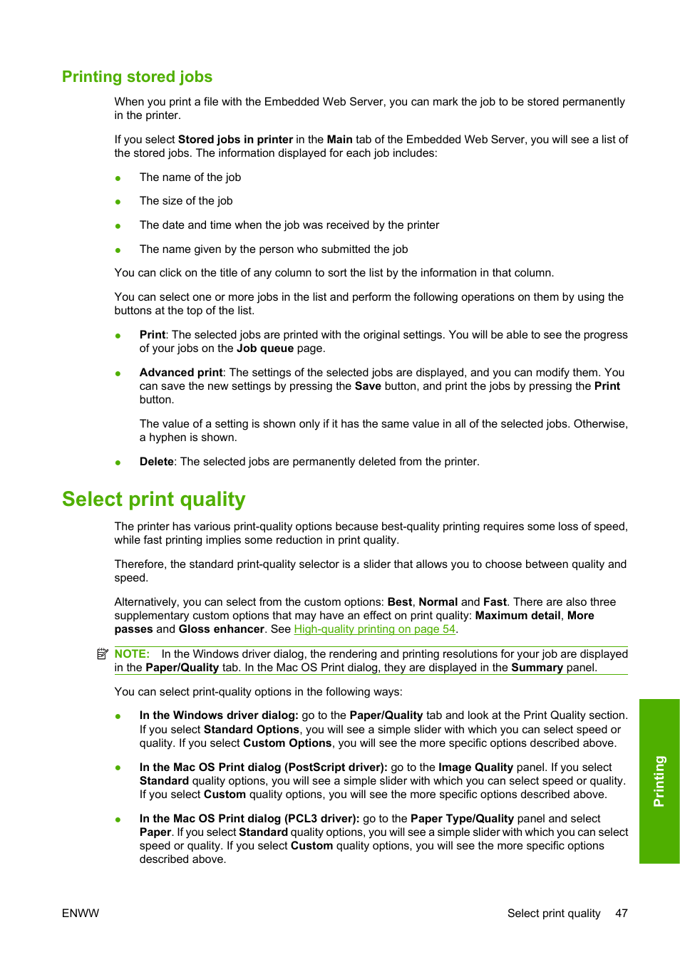 Printing stored jobs, Select print quality | HP Designjet Z3200 PostScript Photo Printer series User Manual | Page 57 / 205