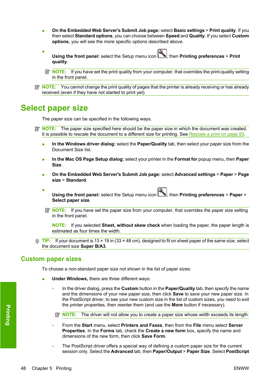 Select paper size, Custom paper sizes | HP Designjet Z3200 PostScript Photo Printer series User Manual | Page 58 / 205