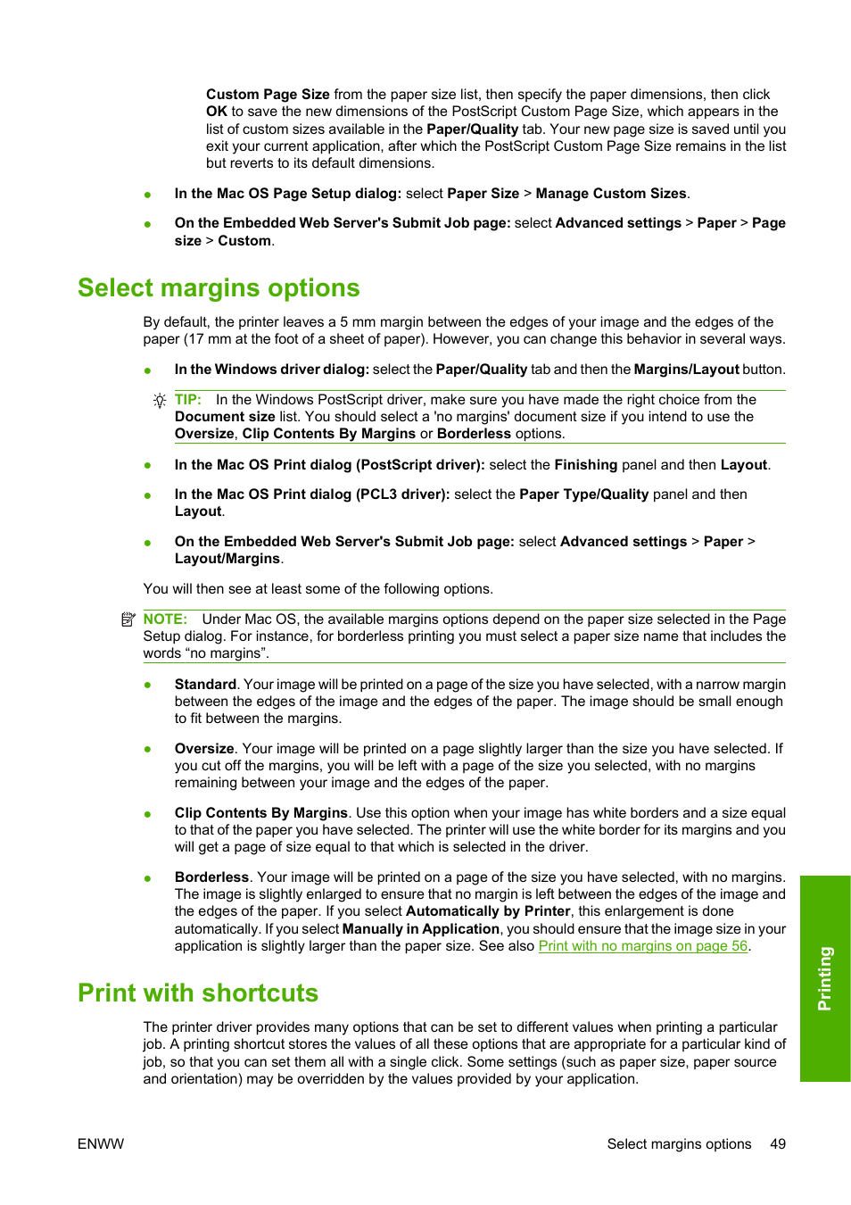 Select margins options, Print with shortcuts, Select margins options print with shortcuts | HP Designjet Z3200 PostScript Photo Printer series User Manual | Page 59 / 205