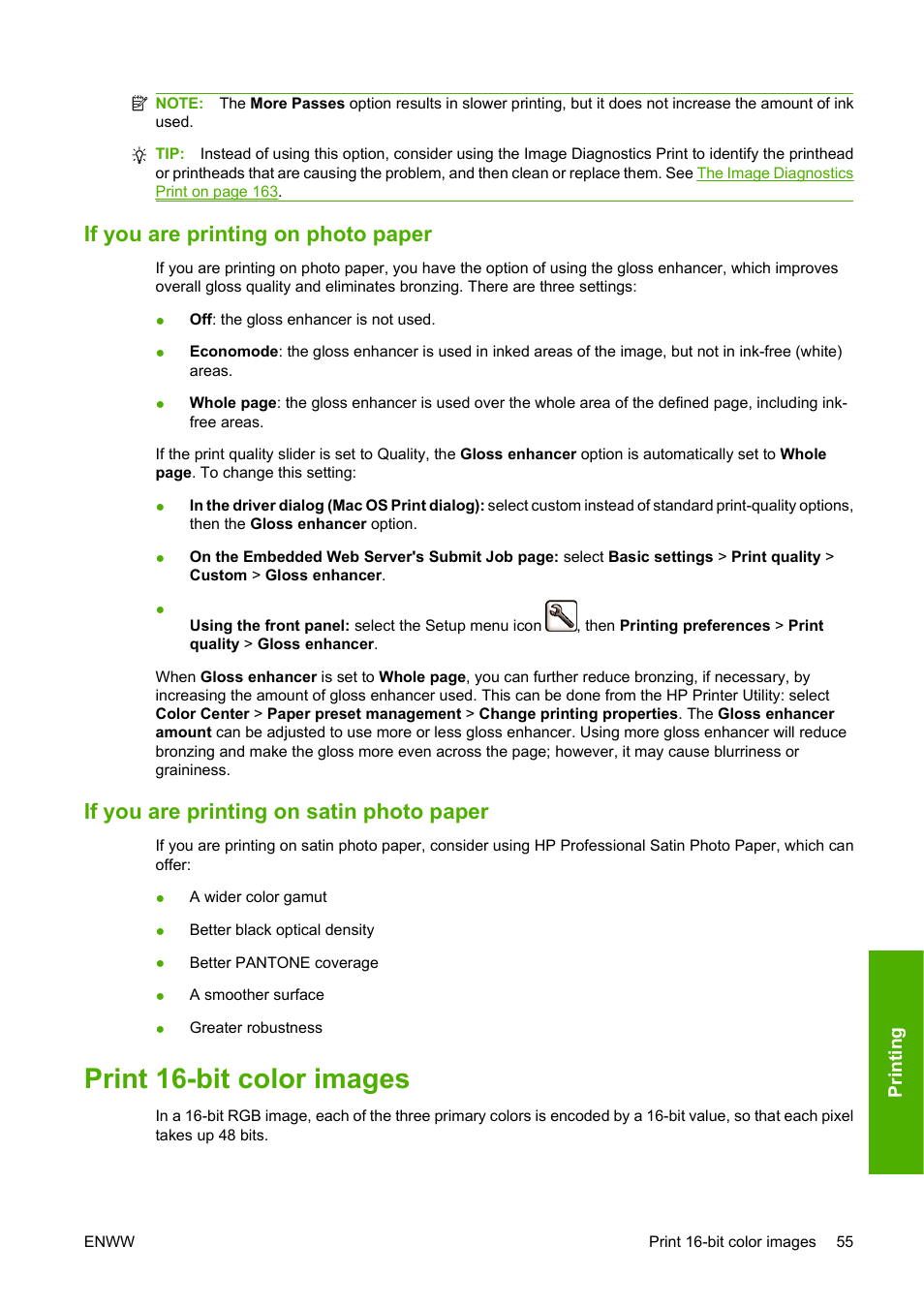 If you are printing on photo paper, If you are printing on satin photo paper, Print 16-bit color images | HP Designjet Z3200 PostScript Photo Printer series User Manual | Page 65 / 205