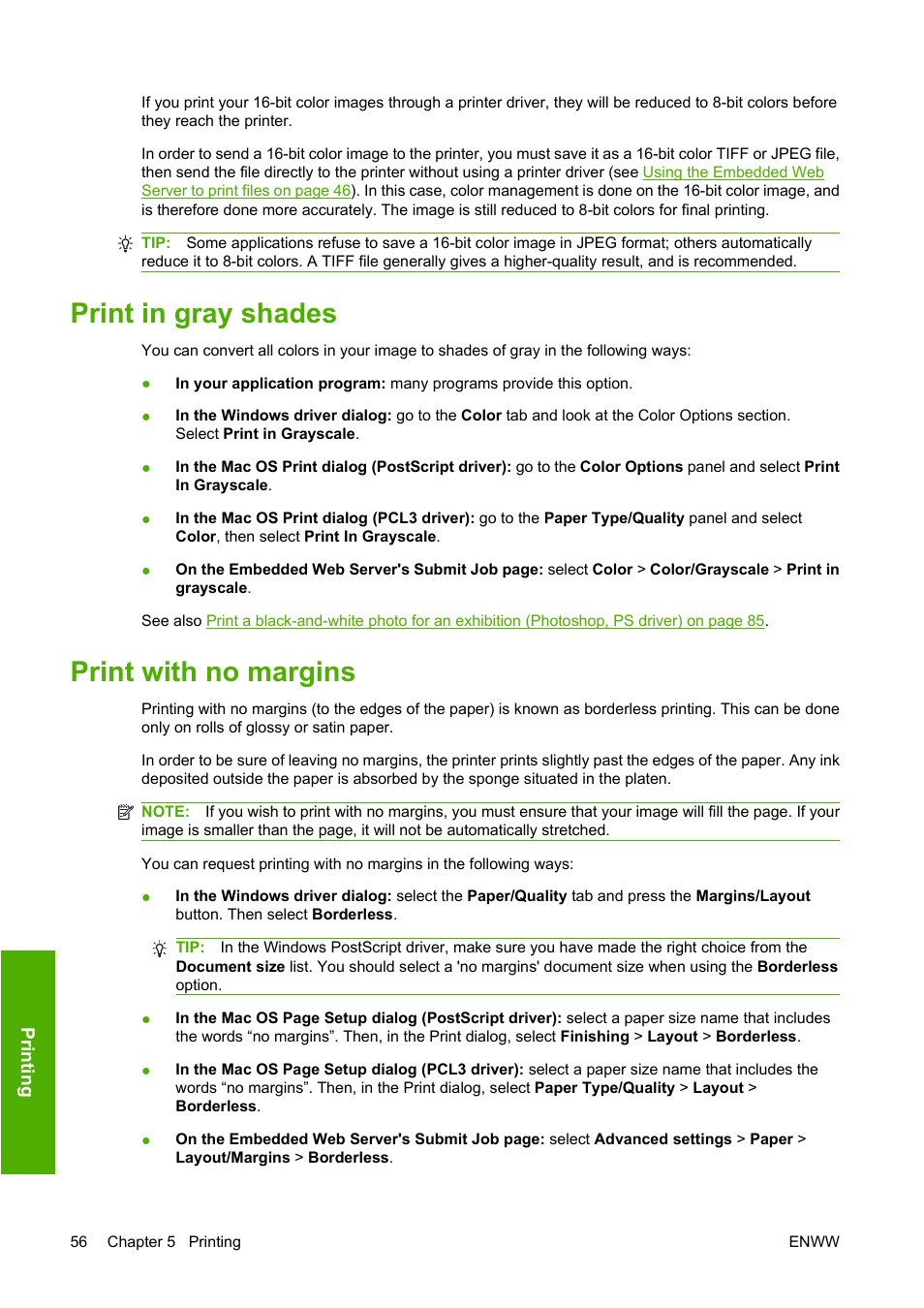 Print in gray shades, Print with no margins, Print in gray shades print with no margins | HP Designjet Z3200 PostScript Photo Printer series User Manual | Page 66 / 205