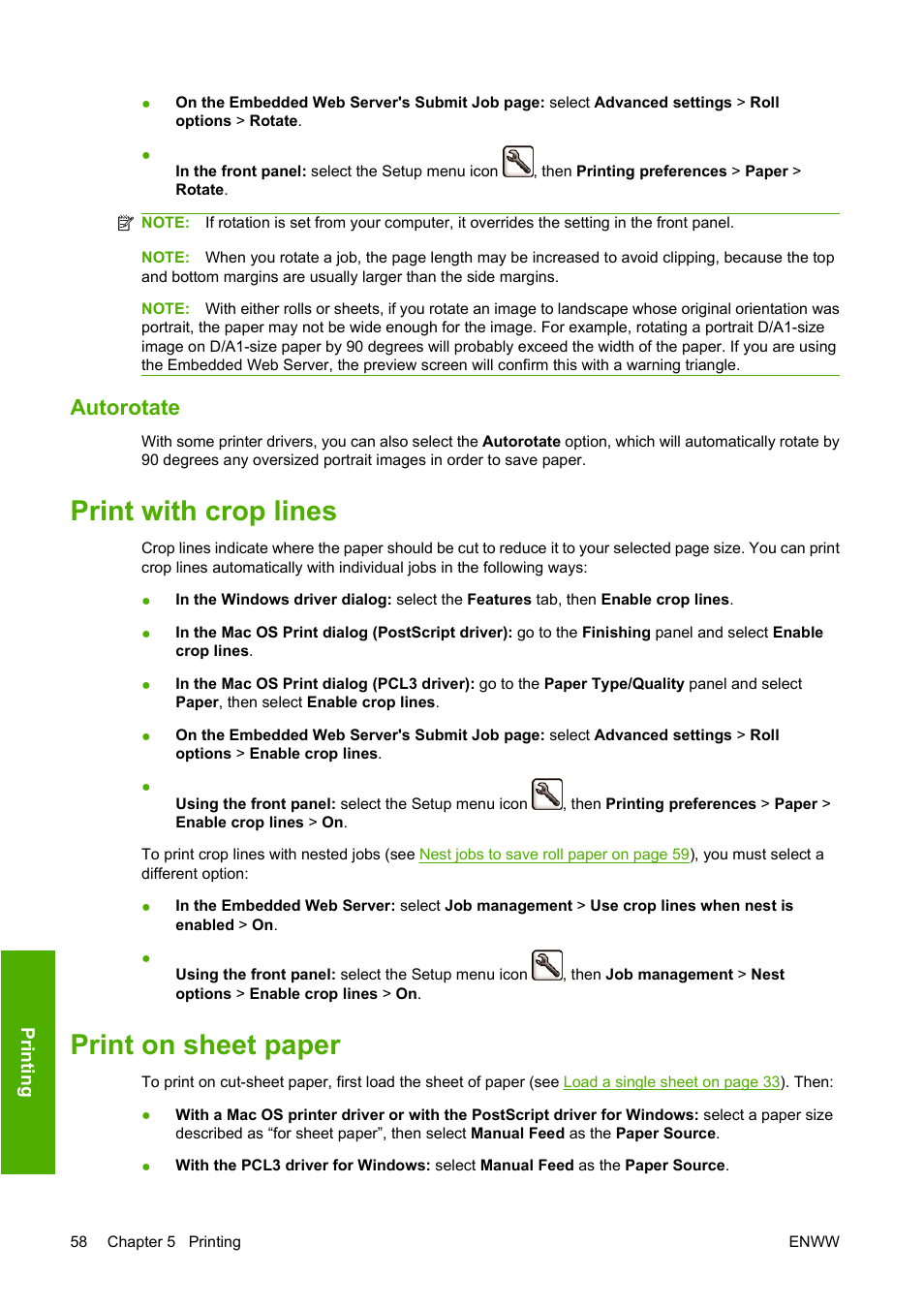 Autorotate, Print with crop lines, Print on sheet paper | Print with crop lines print on sheet paper | HP Designjet Z3200 PostScript Photo Printer series User Manual | Page 68 / 205