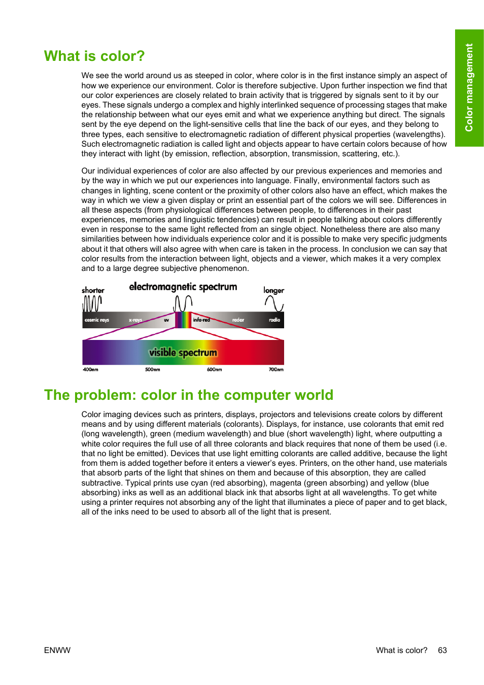 What is color, The problem: color in the computer world | HP Designjet Z3200 PostScript Photo Printer series User Manual | Page 73 / 205