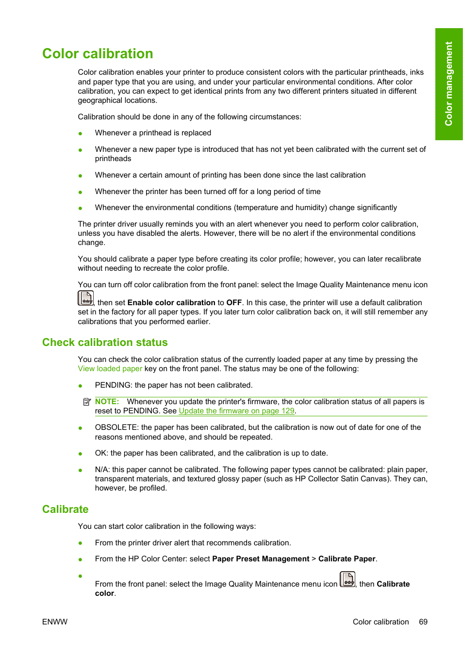 Color calibration, Check calibration status, Calibrate | Check calibration status calibrate, Color | HP Designjet Z3200 PostScript Photo Printer series User Manual | Page 79 / 205