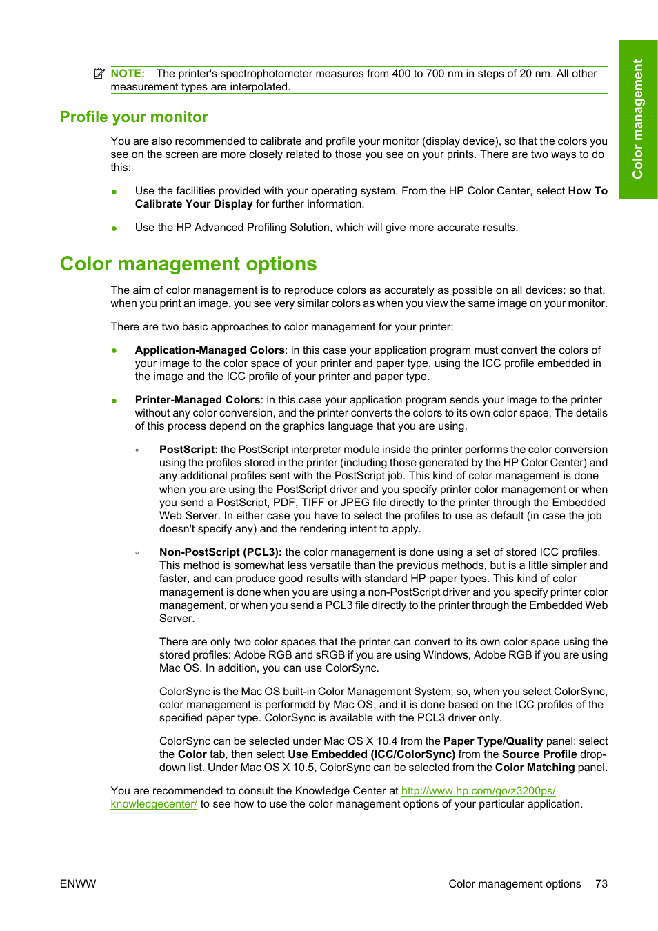 Profile your monitor, Color management options | HP Designjet Z3200 PostScript Photo Printer series User Manual | Page 83 / 205