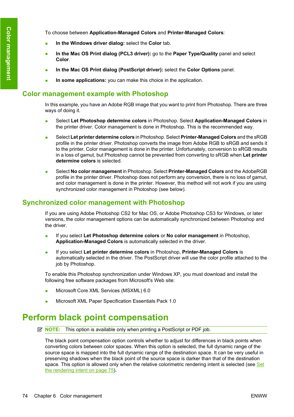 Color management example with photoshop, Synchronized color management with photoshop, Perform black point compensation | HP Designjet Z3200 PostScript Photo Printer series User Manual | Page 84 / 205