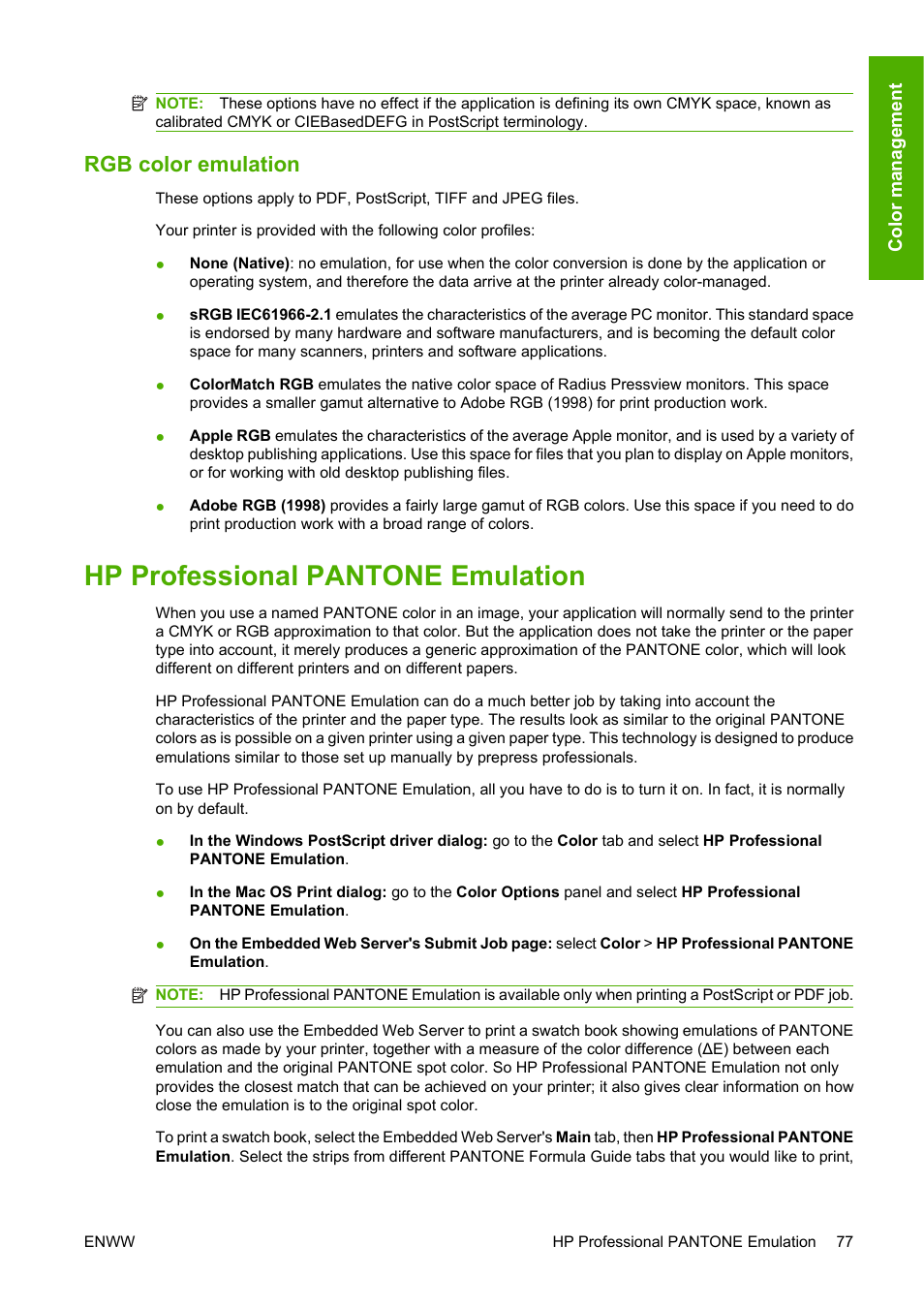 Rgb color emulation, Hp professional pantone emulation | HP Designjet Z3200 PostScript Photo Printer series User Manual | Page 87 / 205