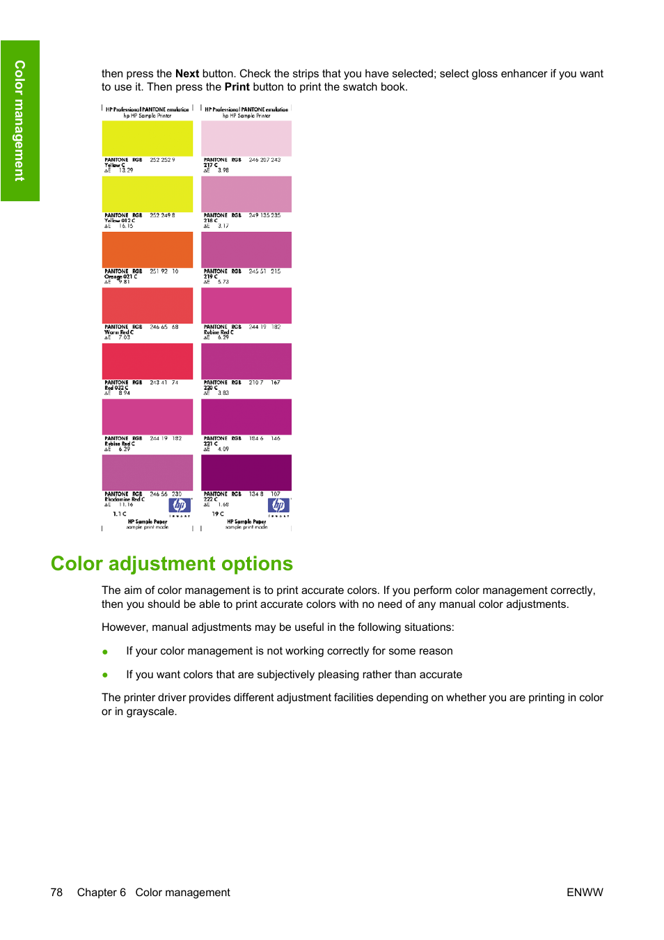 Color adjustment options | HP Designjet Z3200 PostScript Photo Printer series User Manual | Page 88 / 205