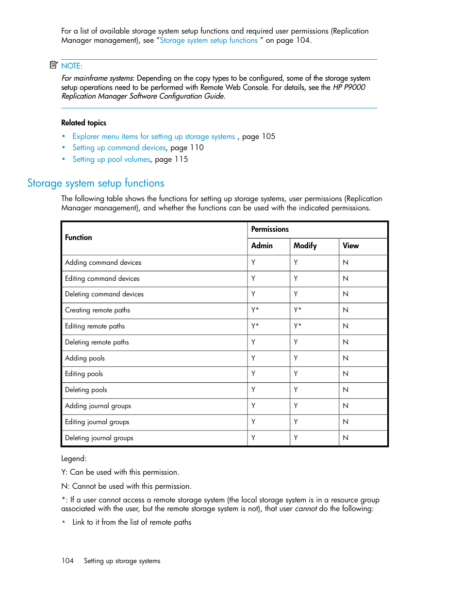 Storage system setup functions | HP XP Array Manager Software User Manual | Page 104 / 472