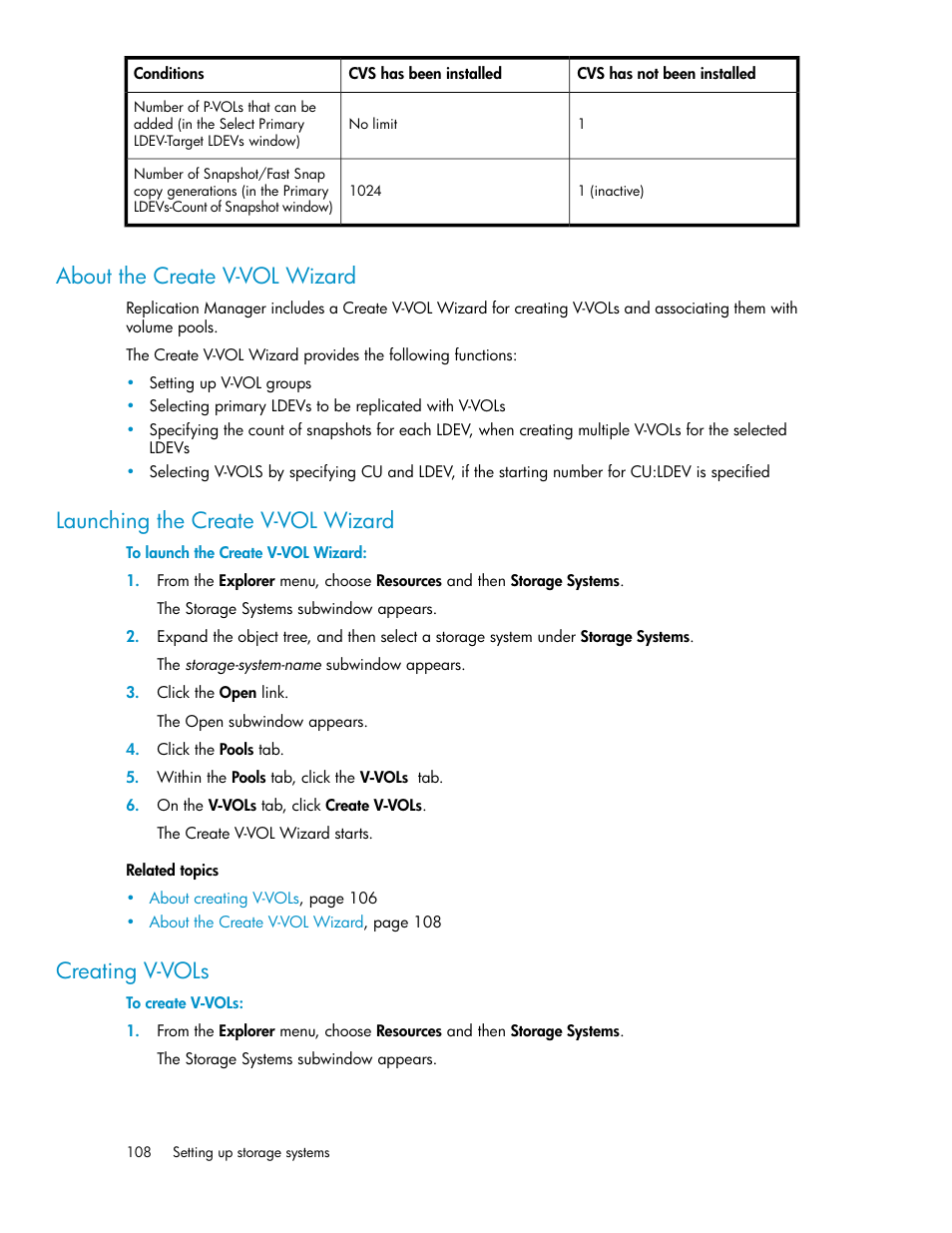 About the create v-vol wizard, Launching the create v-vol wizard, Creating v-vols | 108 launching the create v-vol wizard, 108 creating v-vols | HP XP Array Manager Software User Manual | Page 108 / 472