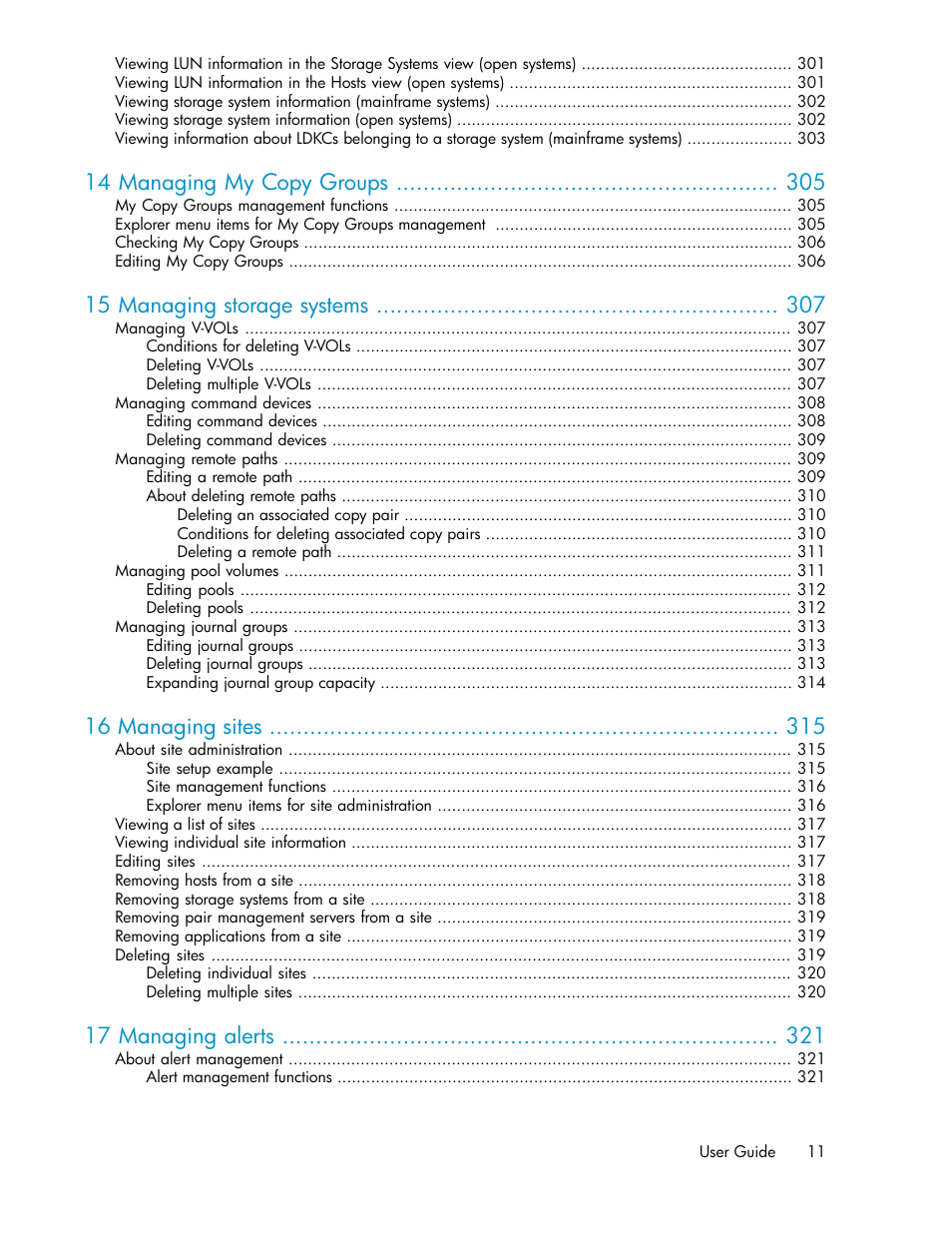 14 managing my copy groups, 15 managing storage systems, 16 managing sites | 17 managing alerts | HP XP Array Manager Software User Manual | Page 11 / 472