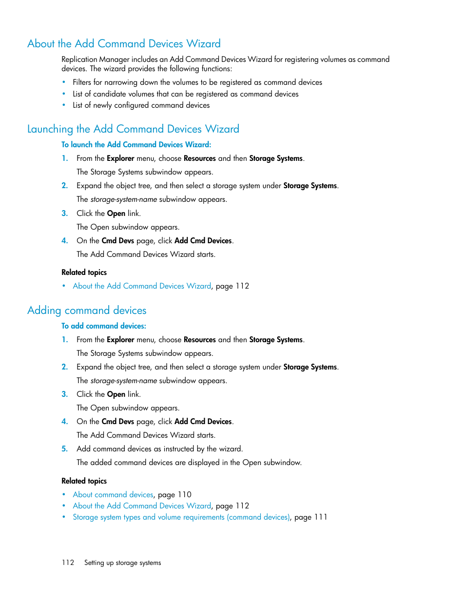 About the add command devices wizard, Launching the add command devices wizard, Adding command devices | 112 launching the add command devices wizard, 112 adding command devices | HP XP Array Manager Software User Manual | Page 112 / 472