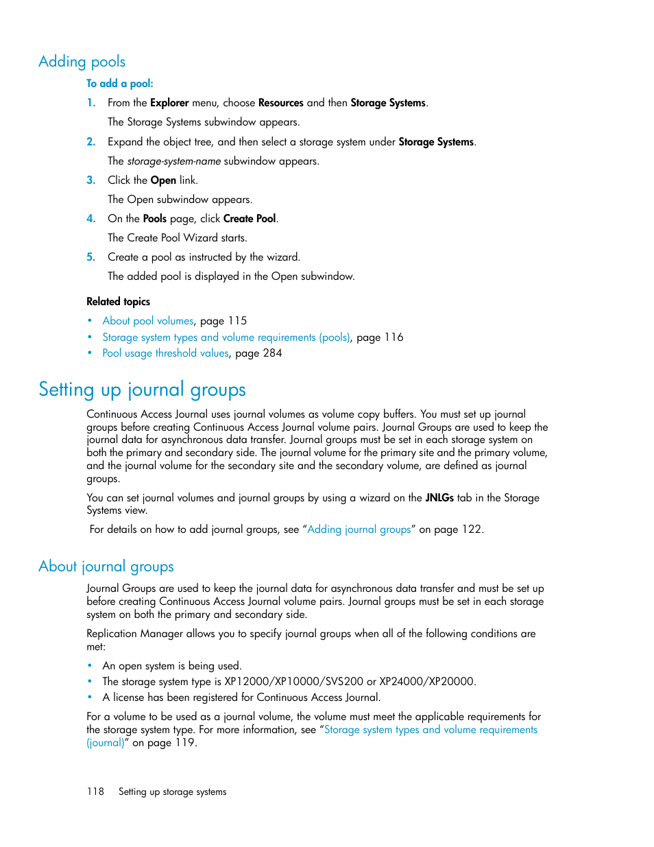 Adding pools, Setting up journal groups, About journal groups | HP XP Array Manager Software User Manual | Page 118 / 472